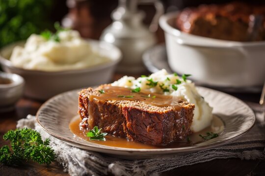 A minimalist shot of a single, thick slice of German meatloaf on a clean, light plate, garnished with a sprig of fresh thyme