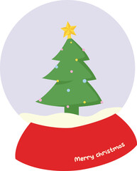cute snow globe with evergreen Christmas tree topped by a gold star, soft snowfall inside a glass dome. flat vector perfect for seasonal greeting