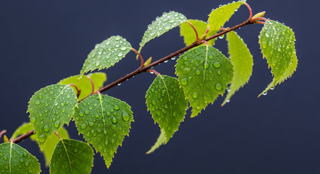 A branch of green birch leaves covered with water droplets against a dark blue background, showcasing freshness, renewal, and the beauty of nature
