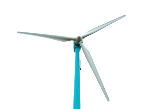 Isolated Wind Turbine on Bright Blue Pole in Foreground Ready to Generate Energy or Power