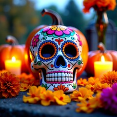 Sugar skull and pumpkins for day of the dead