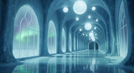 An ice palace hallway with arched windows and glowing orbs illuminating the path