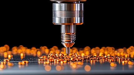 Close Up of a Drill Bit Descending onto Shiny Orange Metal Pieces