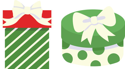 set of wrapped gifts. a tall striped rectangle with creamy bow and a round polka dot box in festive red, green, and white. flat vector clipart for Christmas packaging, party invitations, stickers