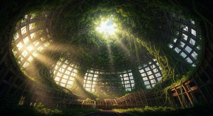Sunlight streams through the overgrown ruins of a building, nature reclaiming space