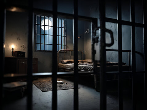 A haunting scene inside a prison cell, illuminated by moonlight, evoking thoughts on freedom and confinement.
