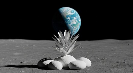 Plant growing on the moon with earth in the background, concept of life