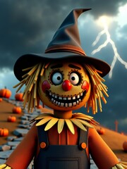 Halloween scarecrow with witch hat in storm