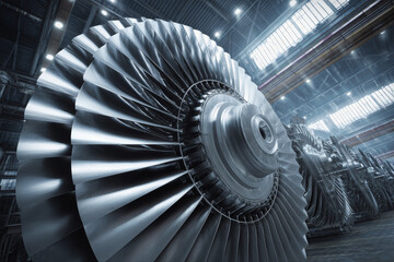 Monumental turbine within an expansive industrial factory showcasing innovative design and photorealistic details