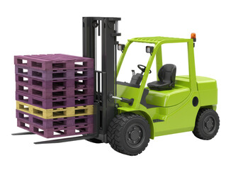 Isolated forklift with pallets, machinery for cargo handling and shipping of goods
