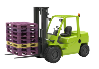 Isolated forklift with pallets, machinery for cargo handling and shipping of goods