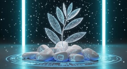 Digital sprout growing from stones, symbolizing technology and environmental sustainability