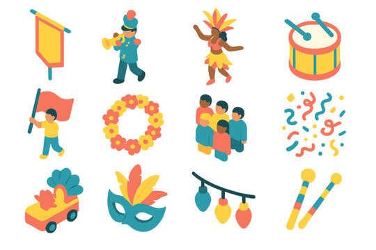 Vibrant Festival Icons. Festival Procession Icons modern flat icon set: banner, marching band, costume dancer, drum, flag wave, flower garland, street crowd, confetti, parade float