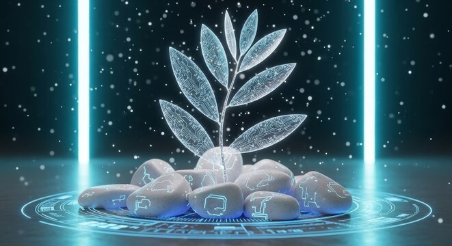 Digital sprout growing from stones, symbolizing technology and environmental sustainability