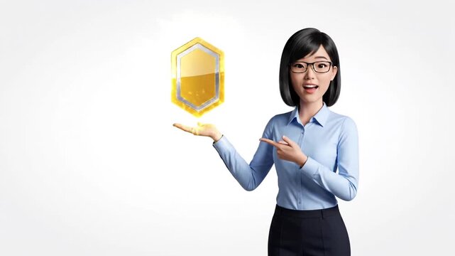Businesswoman Presenting Shield Symbol for Security and Protection.