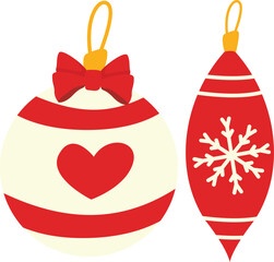 set of Christmas ornaments. round striped bauble with heart and elongated drop with snowflake red and white palette with hanging loops and bow.