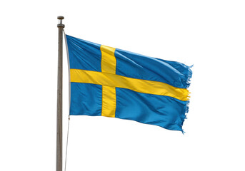 Isolated Swedish flag flying on flag pole blowing in the wind, national symbol of Sweden