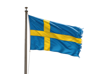 Isolated Swedish flag flying on flag pole blowing in the wind, national symbol of Sweden