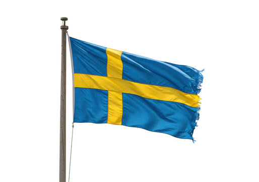 Isolated Swedish flag flying on flag pole blowing in the wind, national symbol of Sweden - Powered by Adobe