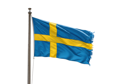 Isolated Swedish flag flying on flag pole blowing in the wind, national symbol of Sweden