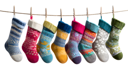 Colorful patterned Christmas stockings hanging in a row isolated on white background