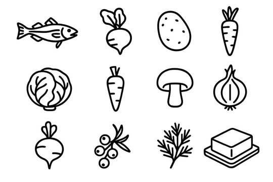 Seasonal Ingredients Icons. Seasonal Ingredients outline icon set: cod fish, beetroot, potato, carrot, cabbage, parsnip, mushroom, onion, turnip, juniper berries, dill herb, butter