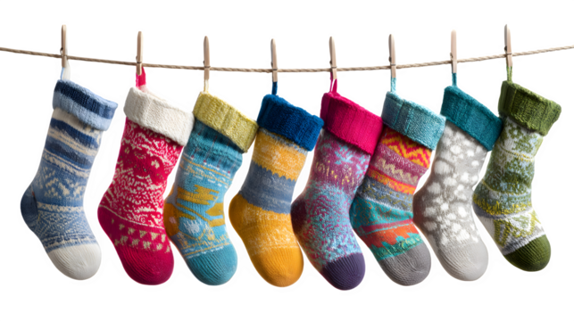 Colorful patterned Christmas stockings hanging in a row isolated on white background