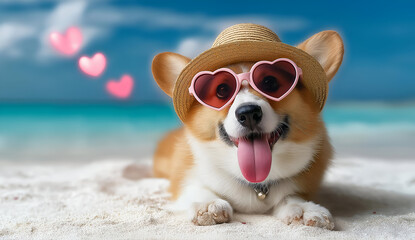 A playful corgi wearing heart-shaped sunglasses and a sun hat, relaxing on the beach with a joyful expression.
