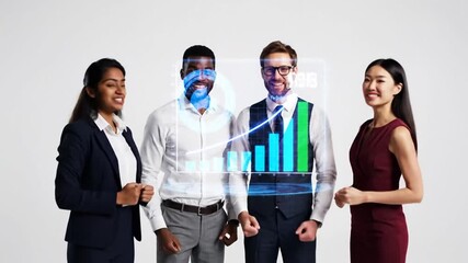 Diverse business team celebrates financial success with digital graph. - Powered by Adobe