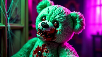 Zombie teddy bear in haunted room
