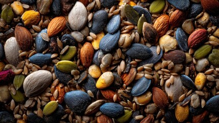 A lively close up of a seed blend with pumpkin flax sesame and sunflower seeds showcasing their vibrant textures and freshness