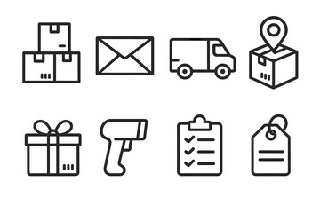 Courier Icon Set. Courier Packages outline icon set: stack of boxes, mail envelope, delivery van, tracking symbol, package with ribbon, handheld scanner, clipboard checklist,