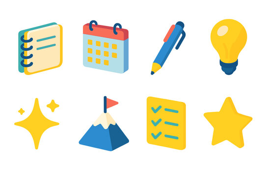 Vision Planning Icons. Vision Planning modern flat icon set: notebook, calendar, pen, light bulb, mountain peak, sparkle, checklist, star.