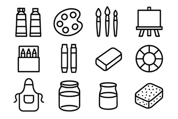 Art Supplies Icons. Art Supplies outline icon set: paint tubes, palette, brushes, easel, canvas, pencil box, markers, eraser, color wheel, apron, water jar, sponge.
