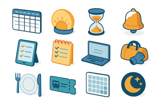 Minimalist Productivity Icons. Minimalist winter productivity planner modern flat icon set: weekly agenda board, sunrise alarm clock, focus hour sand timer, meeting reminder bell