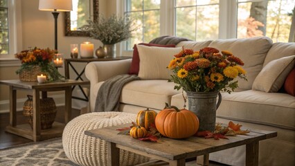Cozy autumn living room with pumpkins and flowers