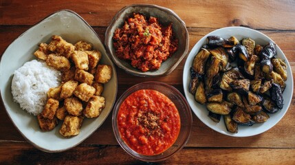 basic meal with sides of fried tempeh chili sausage and eggplant