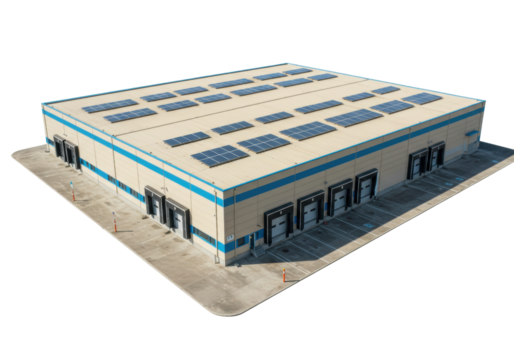 Isolated warehouse building, modern industrial facility with solar panels on roof, day light