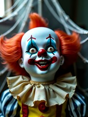 Creepy clown doll with orange hair and smile