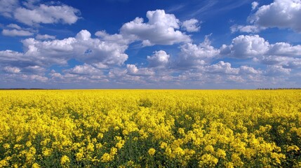 Obraz premium A large expanse of vibrant yellow rapeseed blossoms flourishes under a sunny sky with white clouds