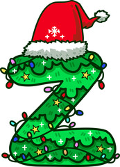 Christmas Tree Uppercase Alphabet Z with Santa Hat and Christmas Light