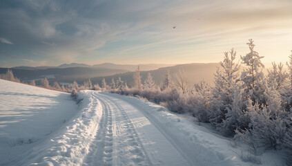 Serene snowy path winding through a winter landscape of frosty trees with snow-covered branches