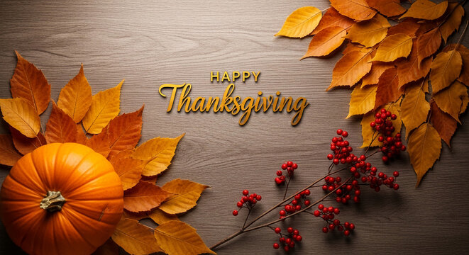 Top-down image of orange pumpkin, autumn leaves, and red berries on wood, with text "Happy Thanksgiving", representing gratitude, abundance and harvest - Powered by Adobe