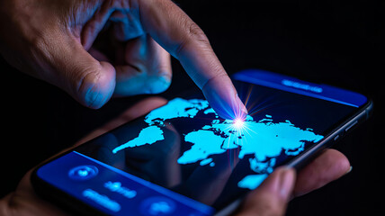 Person uses a finger to touch a glowing blue digital world map displayed on a dark smartphone screen symbolizing global business, travel, connectivity, and worldwide communication technology.