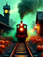 Ghost train on halloween night at railway station