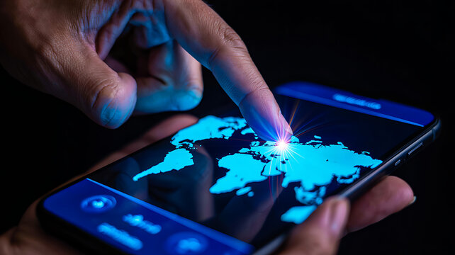 Person uses a finger to touch a glowing blue digital world map displayed on a dark smartphone screen symbolizing global business, travel, connectivity, and worldwide communication technology.
