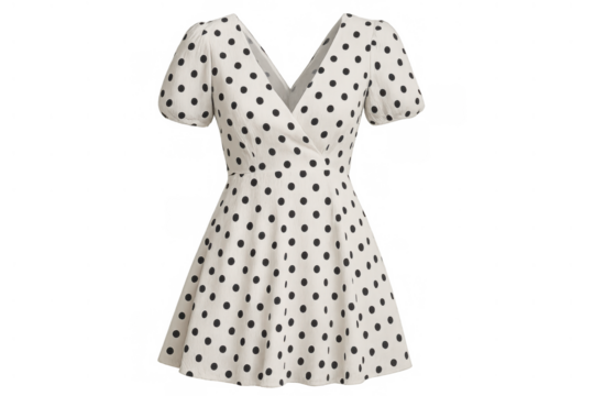 White polka dot short sleeve wrap dress for women, vintage style, summer fashion clothing with transparent background