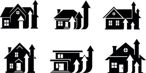 House growth icons, real estate value increase, property investment vector, black and white illustration, upward arrow design, housing market trend concept