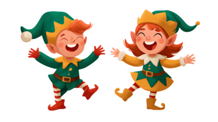 Cheerful Christmas elves in festive outfits smiling and waving isolated on white background