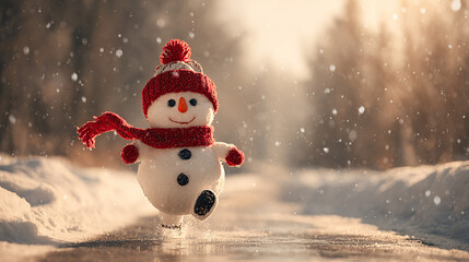 Joyful snowman with red hat and scarf gleefully prances through falling snow on a crisp winter day.